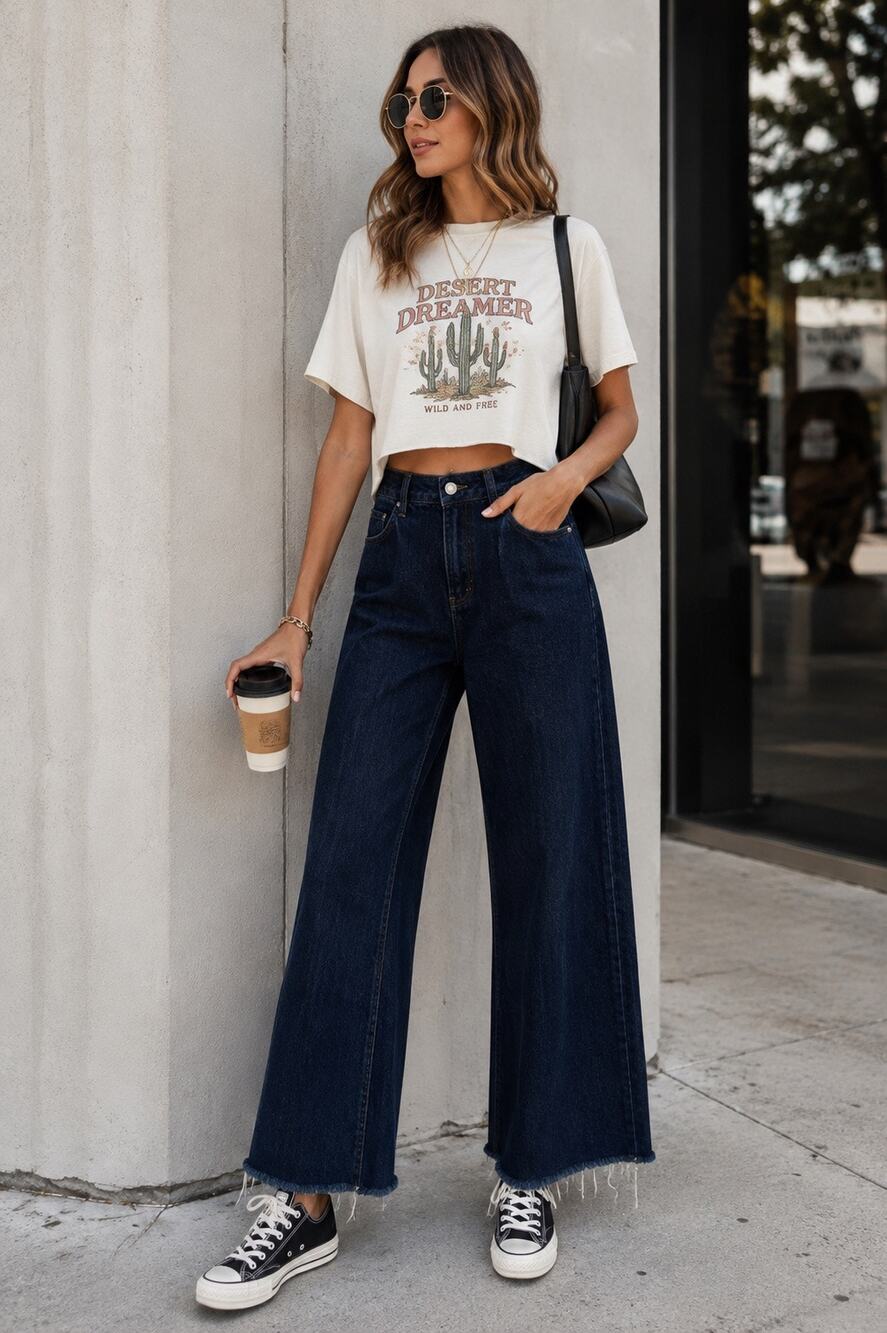 OAT Dark Wash Wide Leg Jeans High Waisted Frayed Hem Women’s 27 4